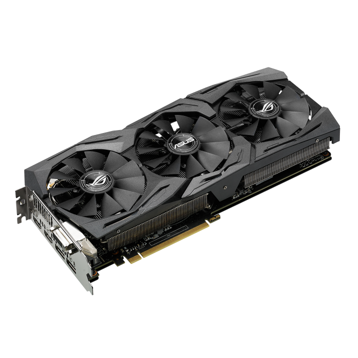 ROG-STRIX-GTX1060-O6G-GAMING graphics card, angled top down view, highlighting the fans, ARGB element, and I/O ports