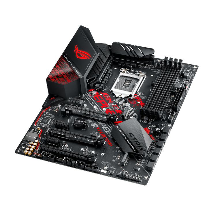 ROG STRIX Z390-H GAMING top and angled view from rightROG STRIX Z390-H GAMING top view with what’s inside the box