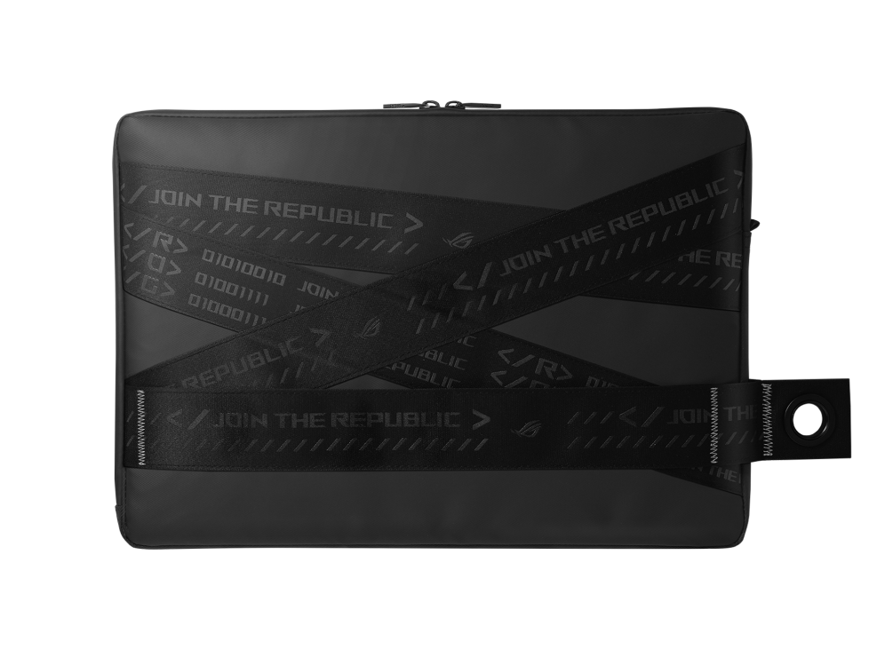 Top down view of the rear side of the ROG and Alan Walker Branded Zephyrus G14 laptop case, with multiple straps with ROG and Alan Walker branding.