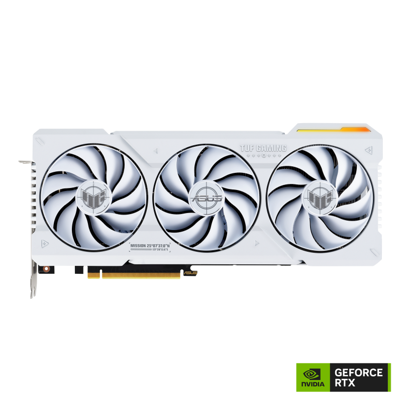 TUF Gaming GeForce RTX 4070 Ti SUPER white graphics card, front view with NVIDIA logo