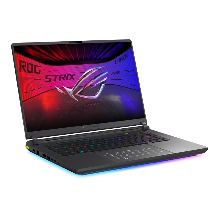 Off center shot of the front of the Strix G16, with the ROG Fearless Eye logo on screen