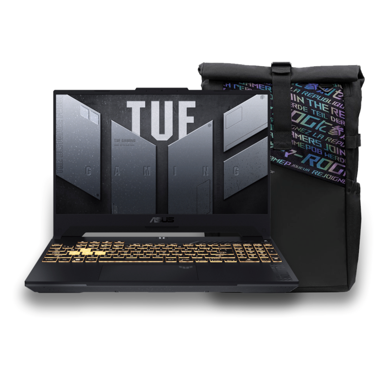 Front view of the TUF Gaming F15, with the TUF logo on screen and the keyboard illuminated in yellow