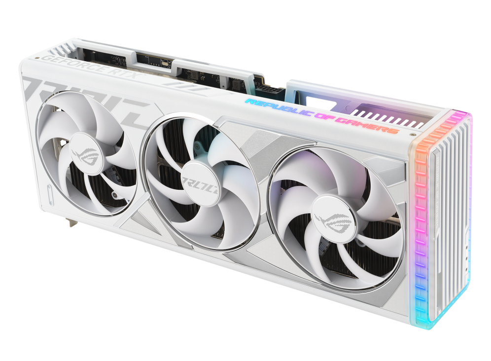Angled top down view of the ROG Strix GeForce RTX 4090 white edition graphics card highlighting the fans ARGB element3