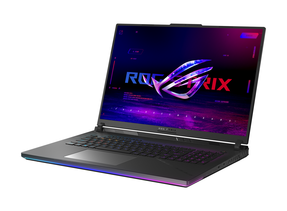 2023 Strix SCAR 18 Off center shot of the front of the Strix SCAR 18, with the ROG Fearless Eye logo on screen