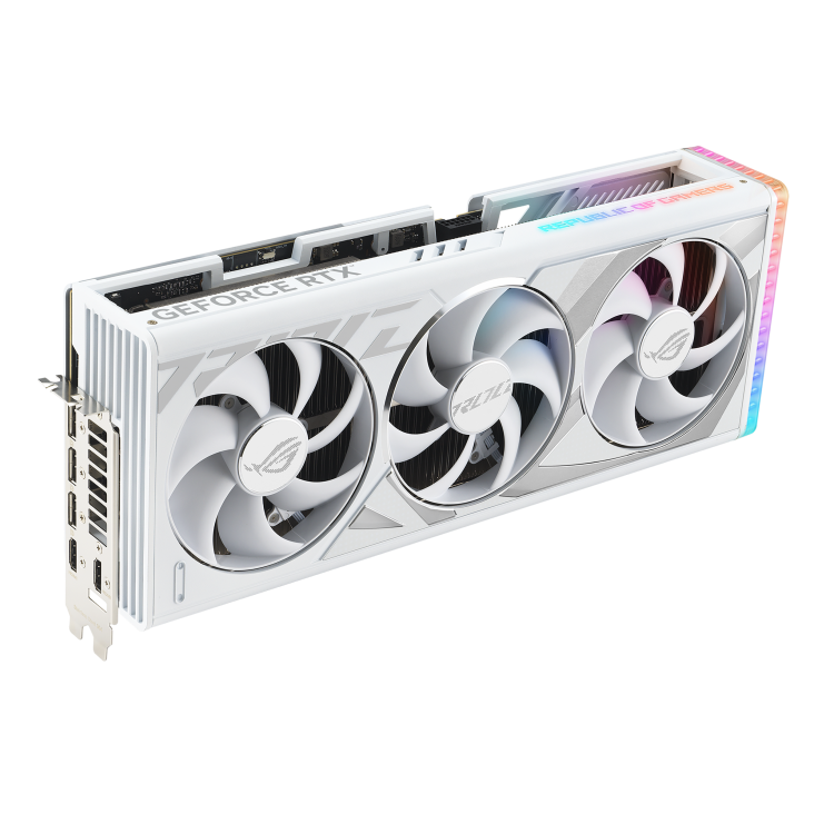 Angled top down view of the ROG Strix GeForce RTX 4080 SUPER white edition graphics card highlighting the fans, ARGB element, and IO ports