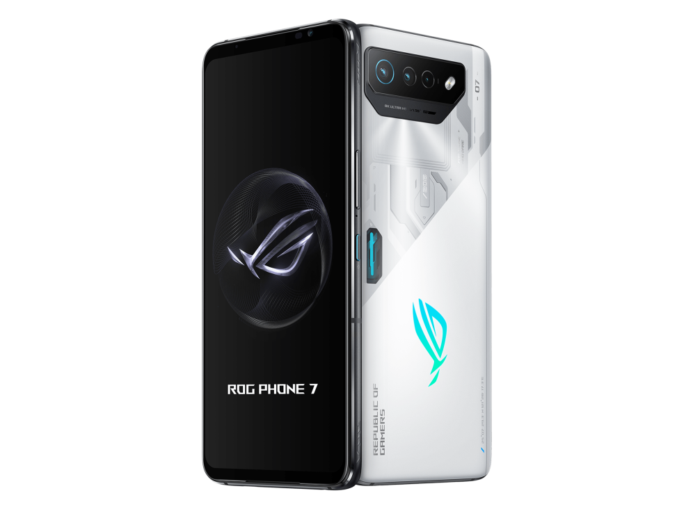 Two ROG Phone 7 in Storm White angled view from both front and back, tilting at 45 degrees