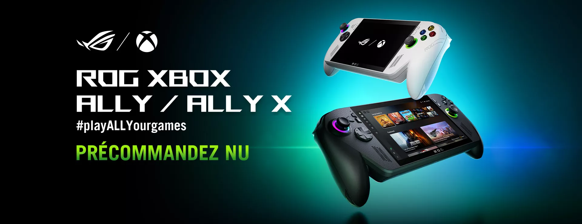 A white ROG Xbox Ally and a black Xbox Ally X