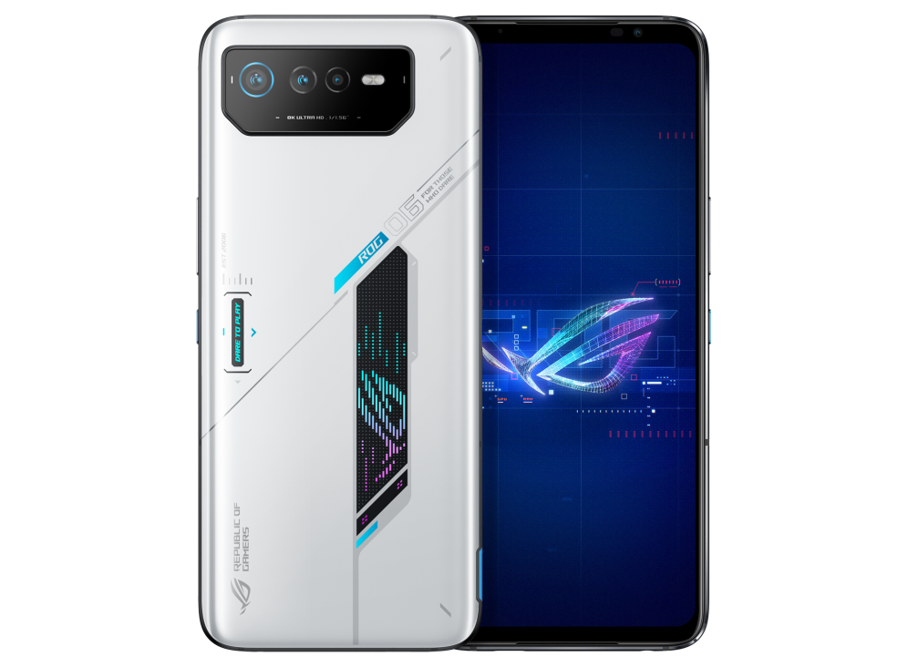 Two ROG Phone 6 in Storm White angled view from both front and back