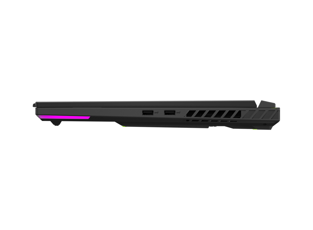 2023 ROG Strix G18 Volt Green Profile view of the left side of the Strix SCAR18, with two USB A ports visible