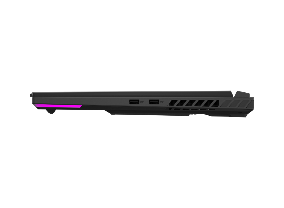 2023 ROG Strix G18 Eclipse Gray Profile view of the left side of the Strix SCAR18, with two USB A ports visible