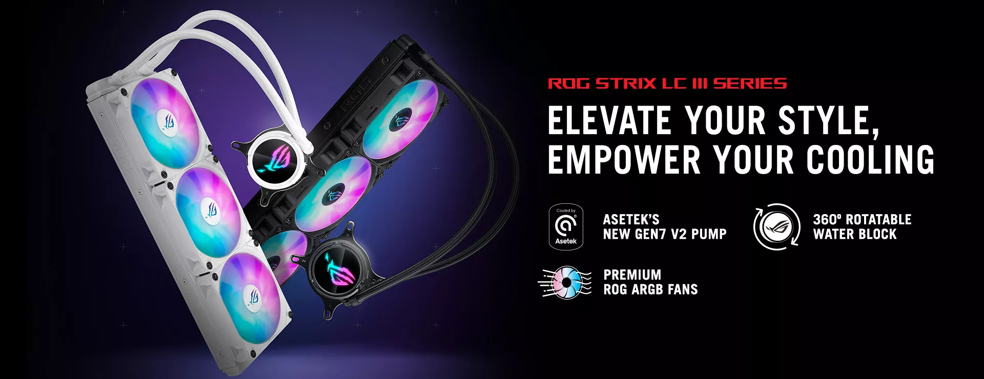 The ROG Strix LC III 360 ARGB AIO coolers float and intertwine in mid-air, accompanied by a dazzling background, showcasing the ultimate aesthetics of the product.