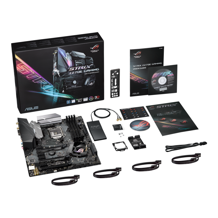 ROG STRIX Z270E GAMING top view with what’s inside the box