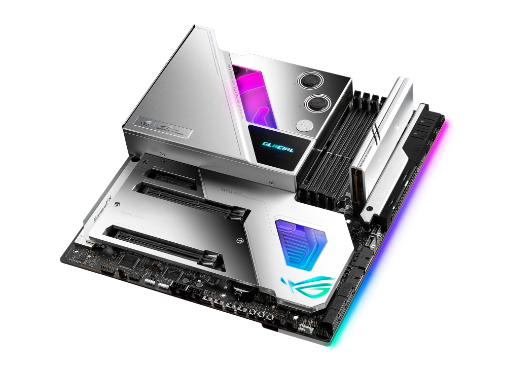 ROG Maximus XIII Extreme Glacial top and angled view from right