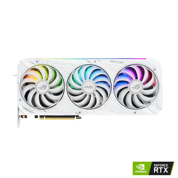ROG-STRIX-RTX3090-O24G-WHITE graphics card, front view with NVIDIA logo