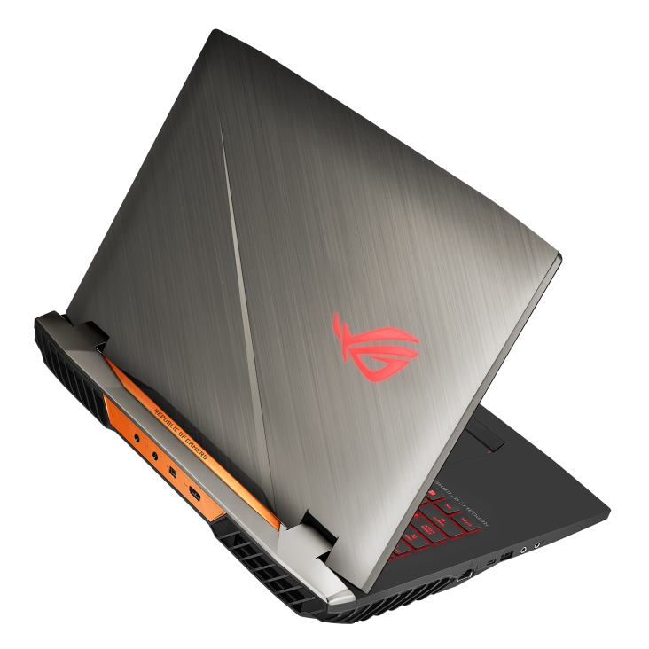 Rear view of the ROG G703, with the lid open and ROG eye on top of the chassis.