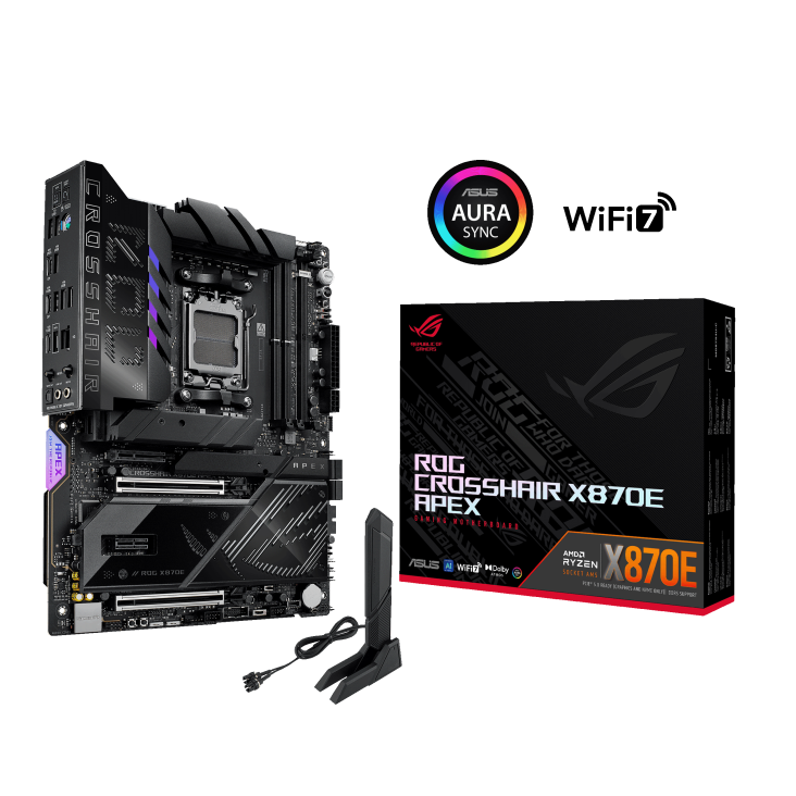 ROG CROSSHAIR X870E APEX angled view from left with the box and Aura Sync WiFi logo