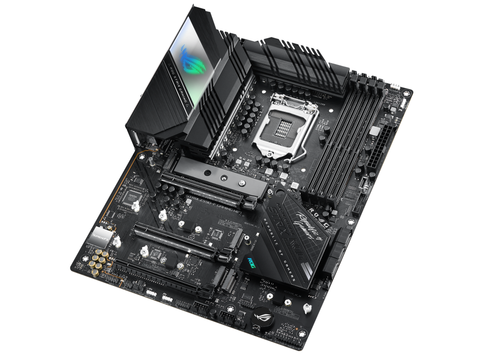 ROG STRIX Z590-F GAMING WIFI top and angled view from right