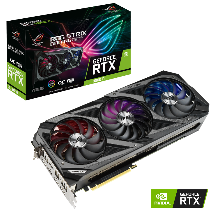 ROG-STRIX-RTX3060TI-O8G-GAMING graphics card and packaging with NVIDIA logo