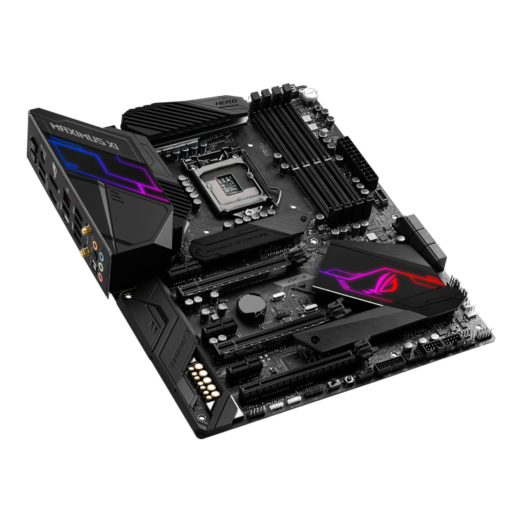 ROG MAXIMUS XI HERO (WI-FI) top and angled view from left