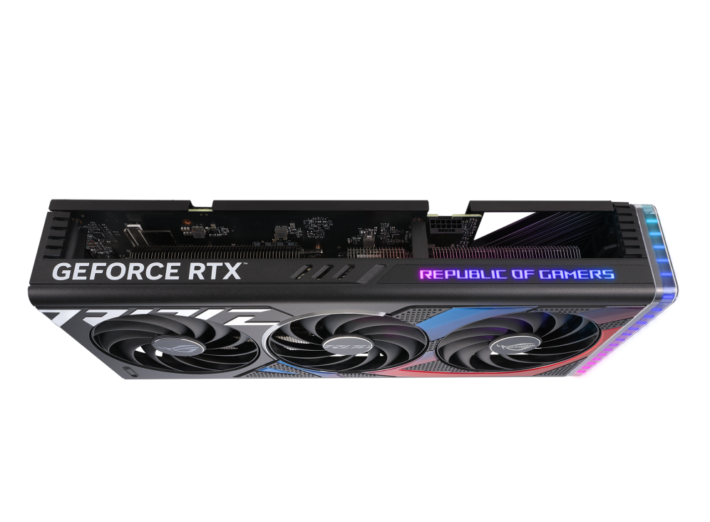 ROG Strix GeForce RTX 4070 angled top view, showing off the ARGB element