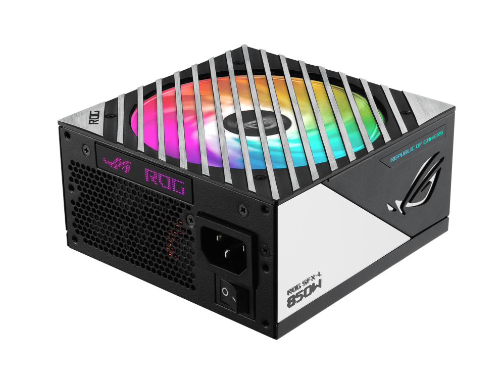 Rear-side angle of ROG Loki SFX-L 850W Platinum with rainbow lighting effect
