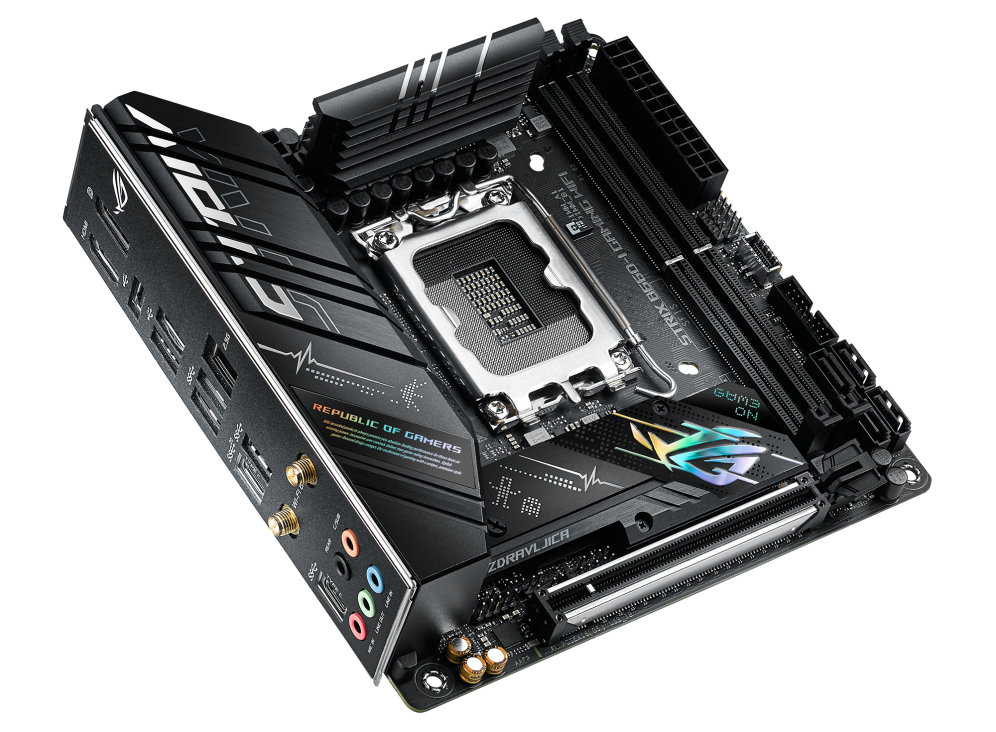 ROG STRIX B660-I GAMING WIFI top and angled view from left