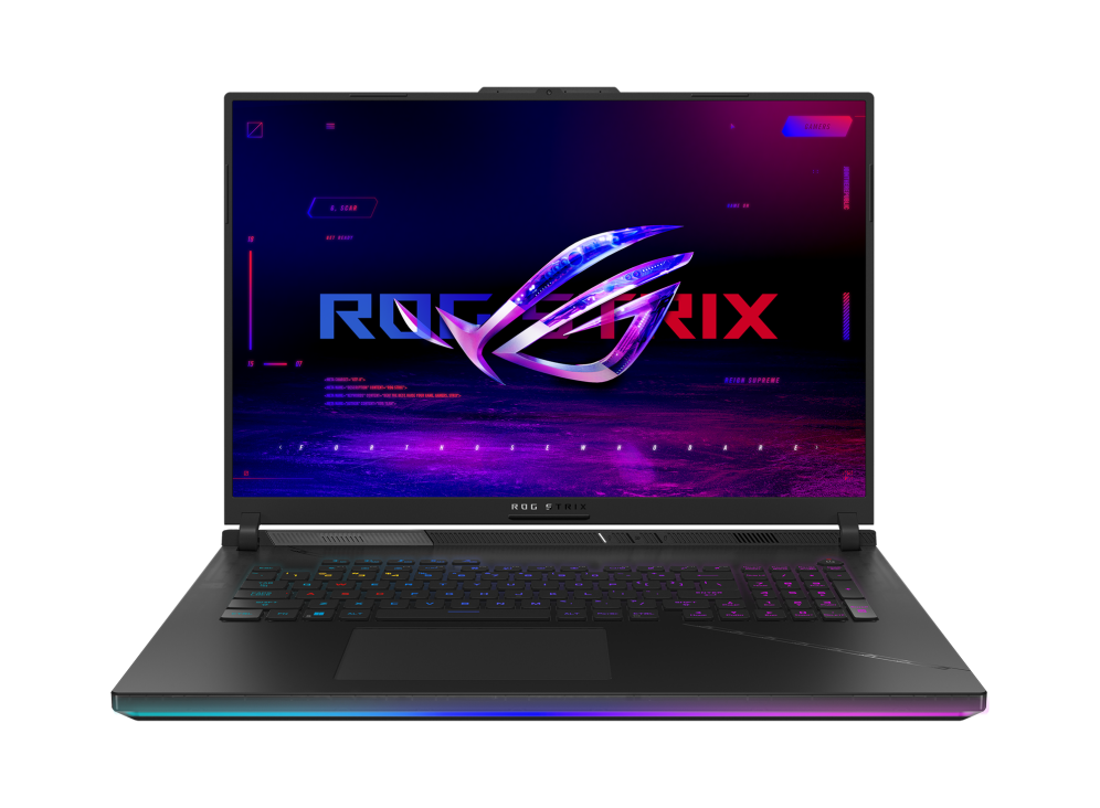 2023 Strix SCAR 18_ Shot of the Strix SCAR 18 with the with the lid open, with the ROG Fearless Eye logo on screen