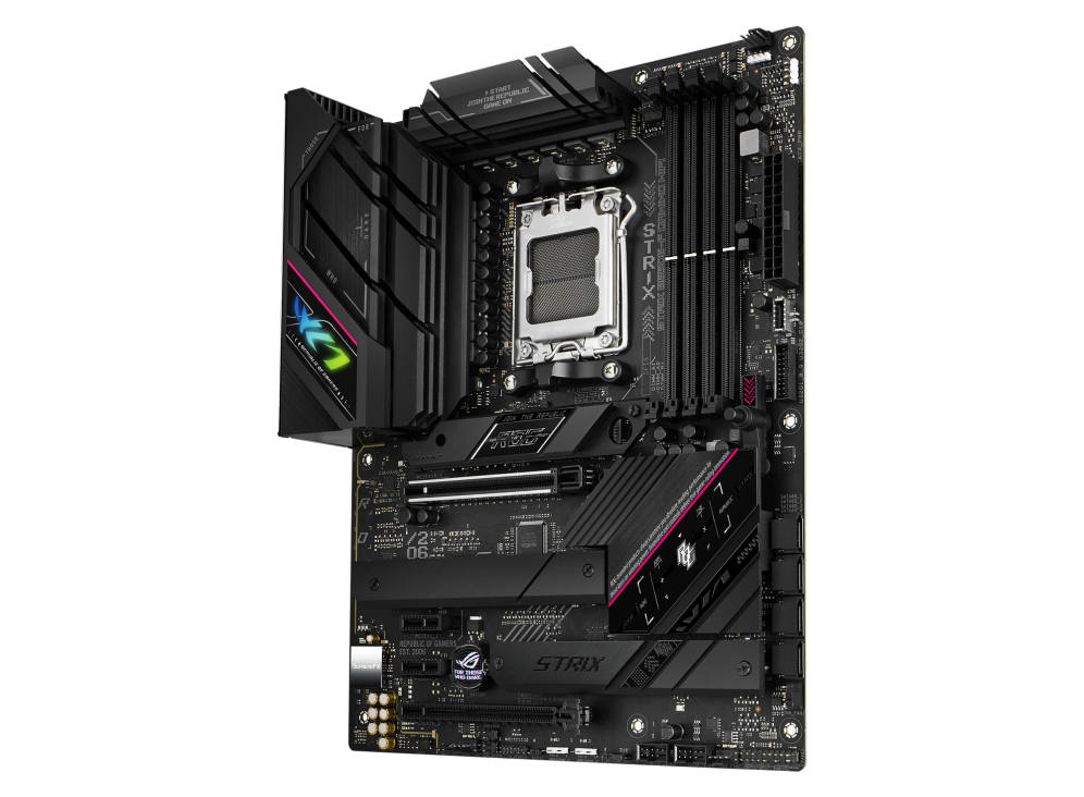 ROG STRIX B650E-F GAMING WIFI angled view from right