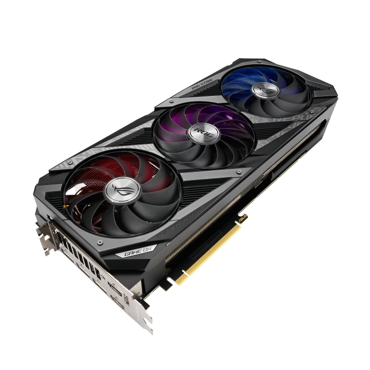 ROG Strix GeForce RTX™ 3080 graphics card, highlighting the axial-tech fans and ARGB element