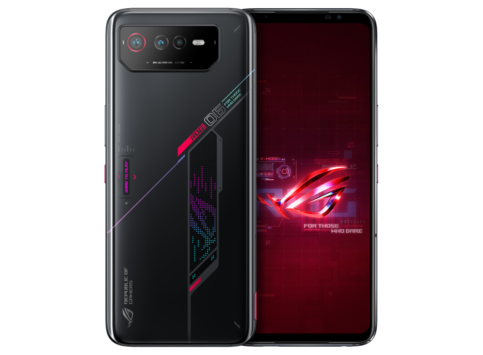Two ROG Phone 6 in Phantom Black angled view from both front and back