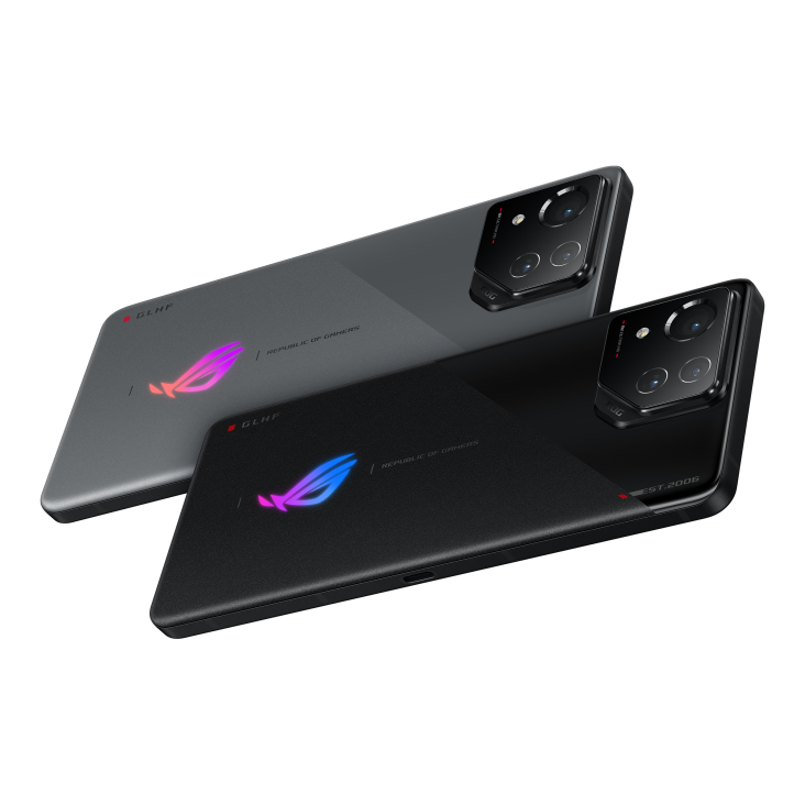 Two ROG Phone 8 in both Phantom Black and Rebel Grey angled view from back in landscape orientation
