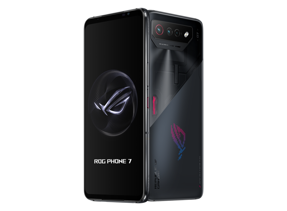 Two ROG Phone 7 in Phantom Black angled view from both front and back, tilting at 45 degrees