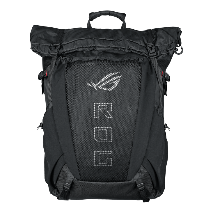ROG Archer ErgoAir Gaming Backpack with top flap open revealing spacious main compartment