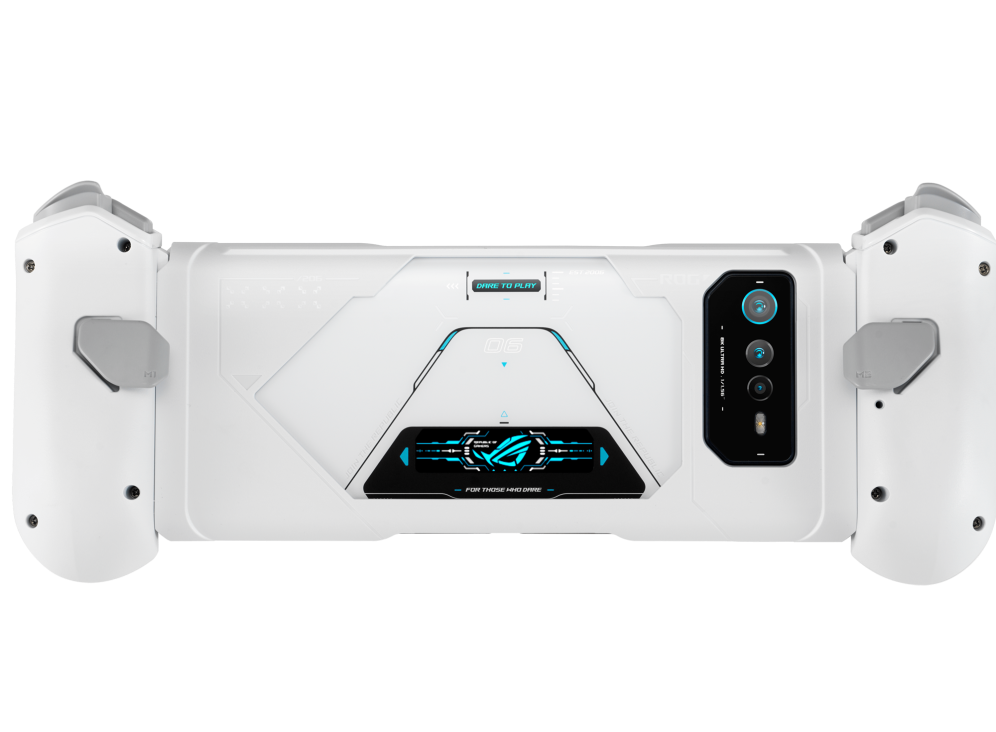 ROG Kunai 3 Gamepad Moonlight White with a ROG Phone 6 Pro angled view from back in Handheld Mode