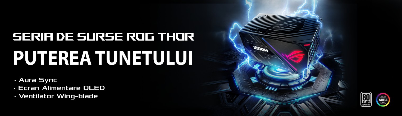 Surse de alimentare ROG Thor pozitionata pe un portal albastru cu fulgere iesind din el
