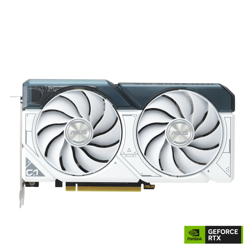 ASUS Dual GeForce RTX 4060 White Edition front view of the with black NVIDIA logo