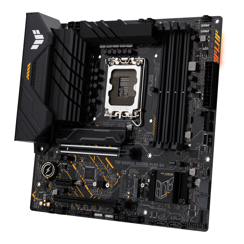 TUF GAMING B660M-PLUS D4 front view, 45 degrees