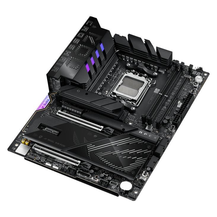 ROG CROSSHAIR X870E APEX top and angled view from right