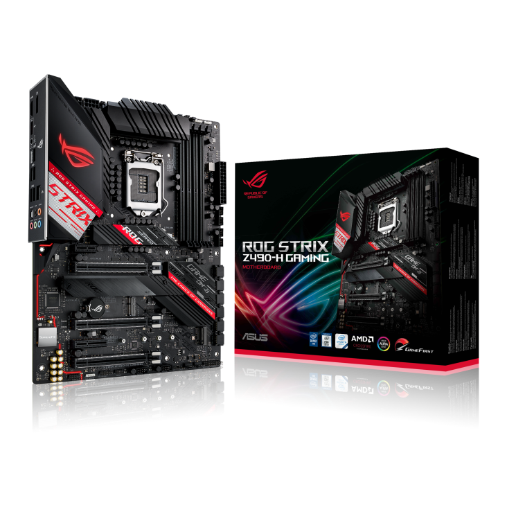 ROG STRIX Z490-H GAMING angled view from left with the box