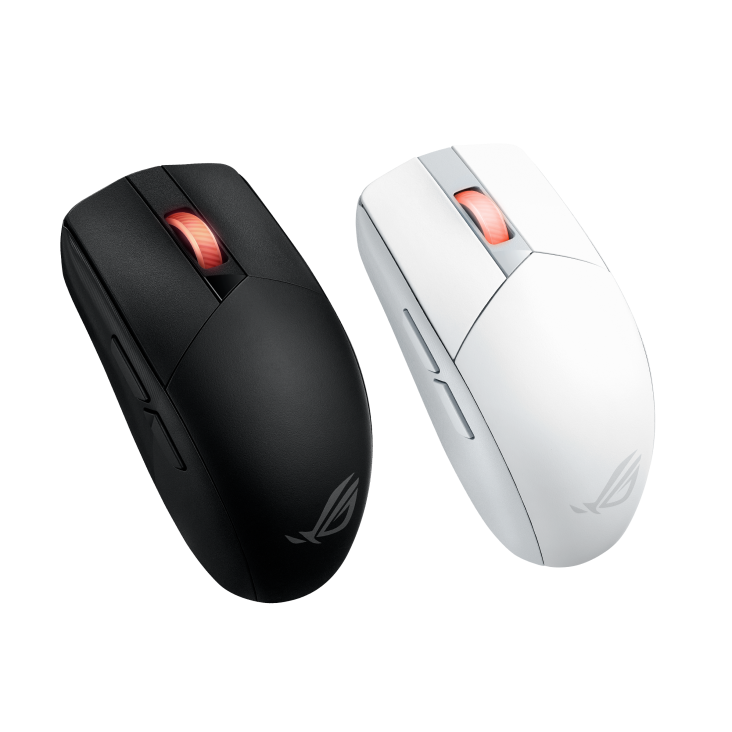 An angled top view of the ROG Strix Impact III Wireless in both black and moonlight white, placed side by side