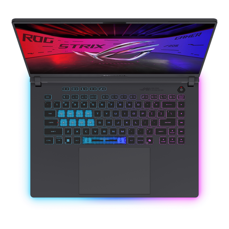 Front view of the Strix G16, with the ROG Fearless Eye logo visible on screen and the keyboard visible