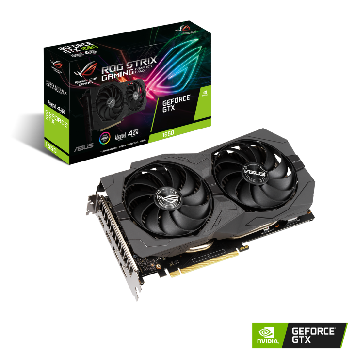 ROG-STRIX-GTX1650-A4GD6-GAMING graphics card and packaging with NVIDIA logo