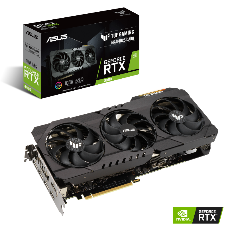 TUF Gaming GeForce RTX 3080 Packaging and graphics card with NVIDIA logo
