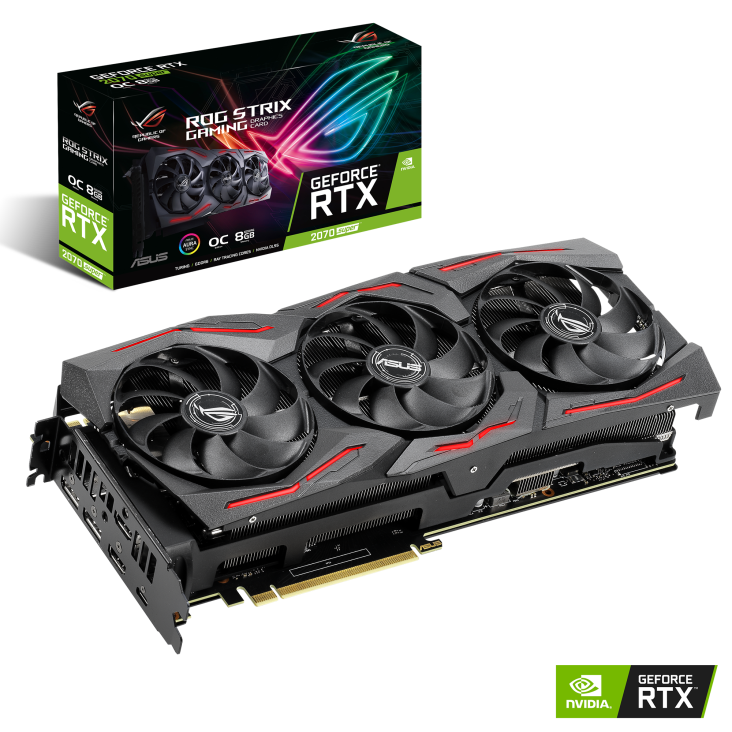 ROG-STRIX-RTX2070S-O8G-GAMING graphics card and packaging with NVIDIA logo