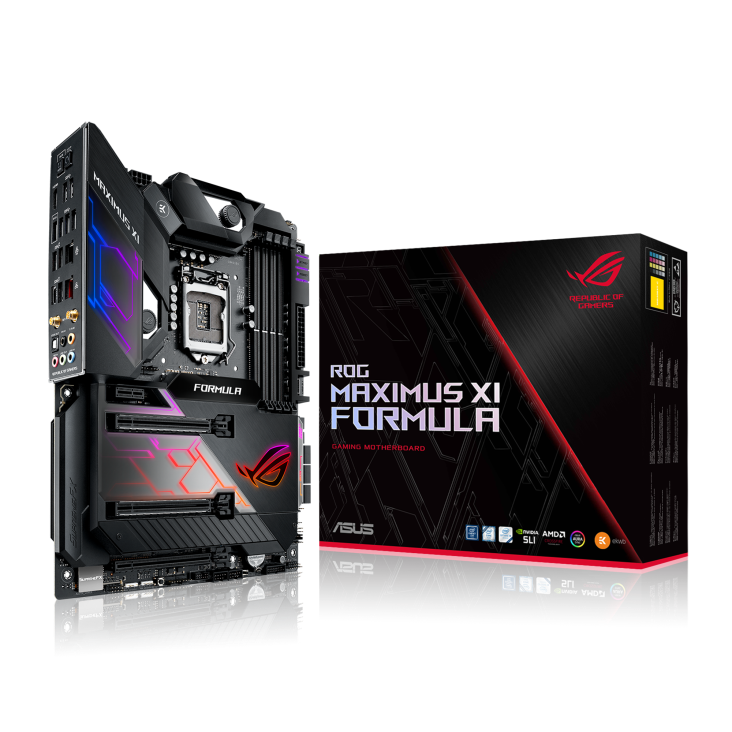 ROG MAXIMUS XI FORMULA angled view from left with the box