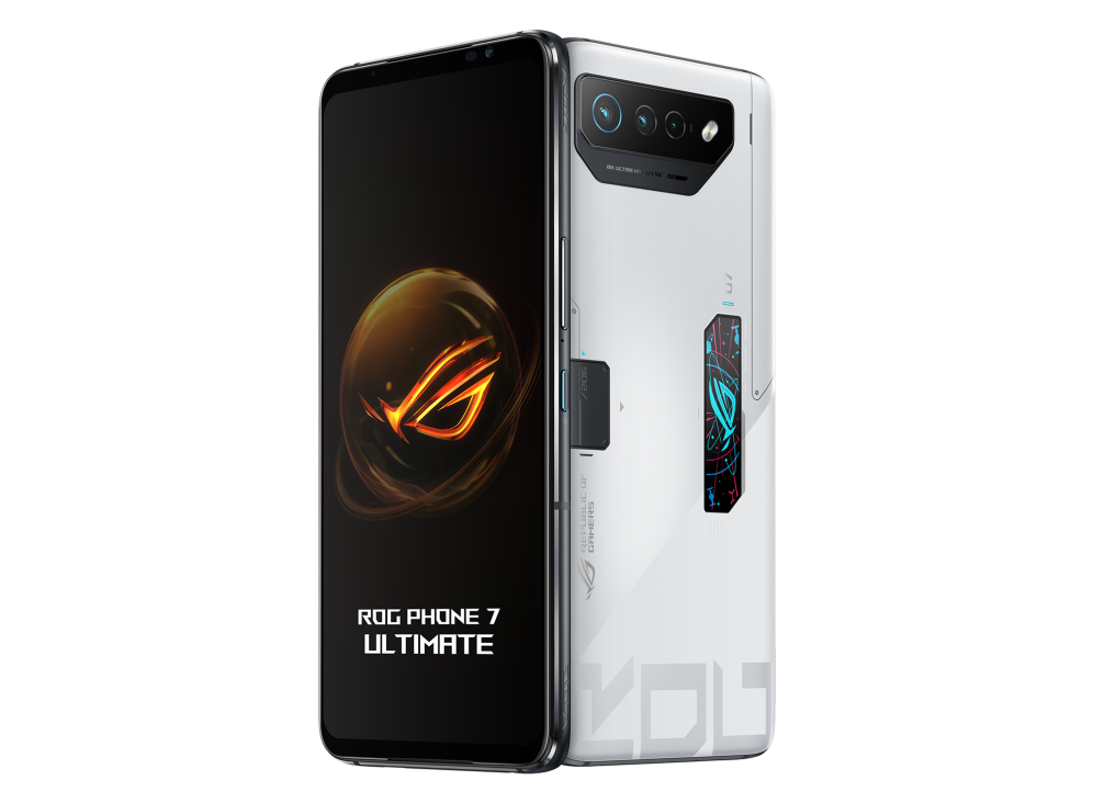 Two ROG Phone 7 Pro angled view from both front and back, tilting at 45 degrees
