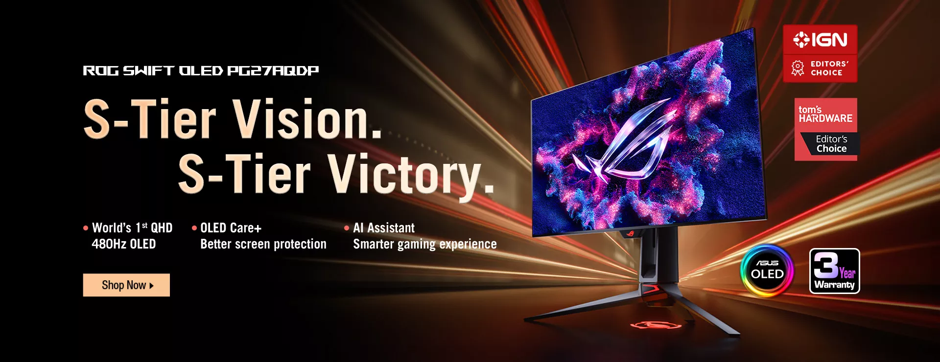 ROG Swift OLED PG27AQDP stands in front of the red-light beam