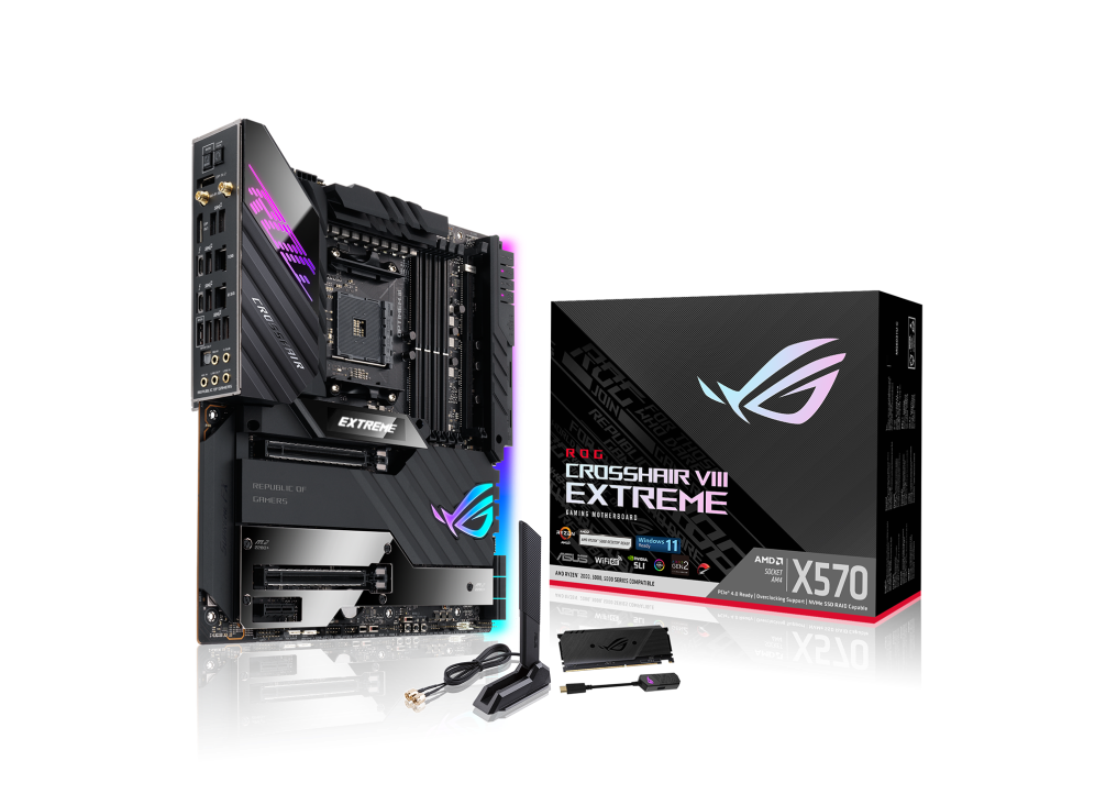 ROG CROSSHAIR VIII EXTREME angled view from left with the box