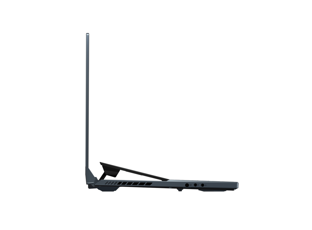 Profile view of the ROG Zephyrus Duo 15 with the lid raised to a 90 degree angle.