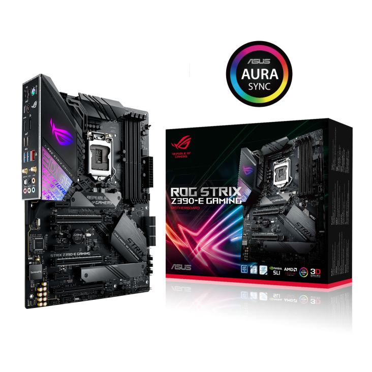 ROG STRIX Z390-E GAMING angled view from left with the box and Aura Sync